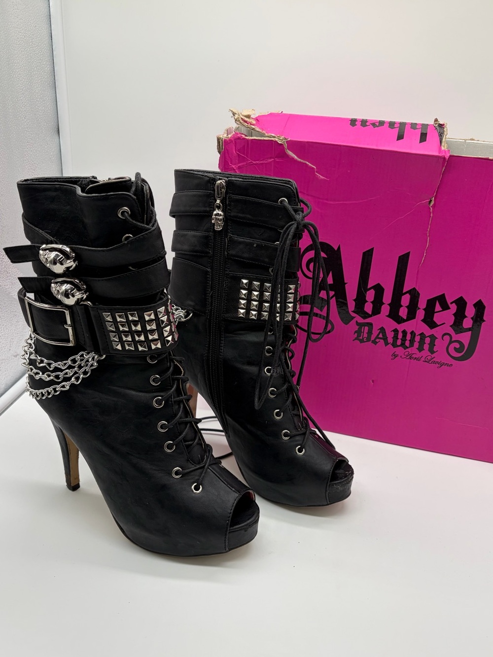 Abbey Dawn by Avril Lavigne Black Peep-Toe Lace-Up Studded Boots with Chains 8